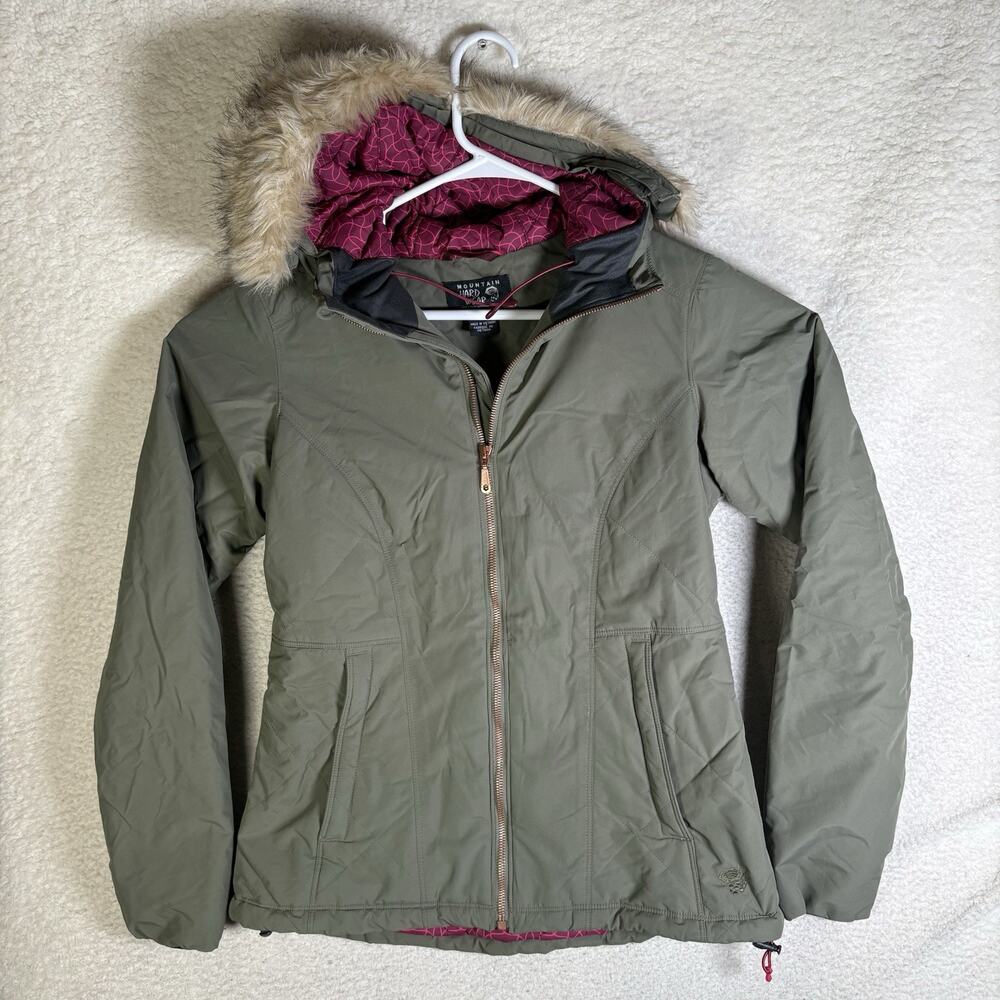 Mountain Hardwear Olive Green Hooded winter parka with removable Faux Fur Trim